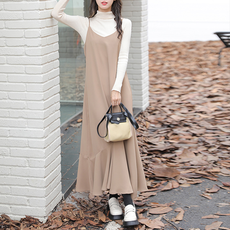 春季韓版寬鬆領荷葉邊吊帶魚尾長款連衣裙