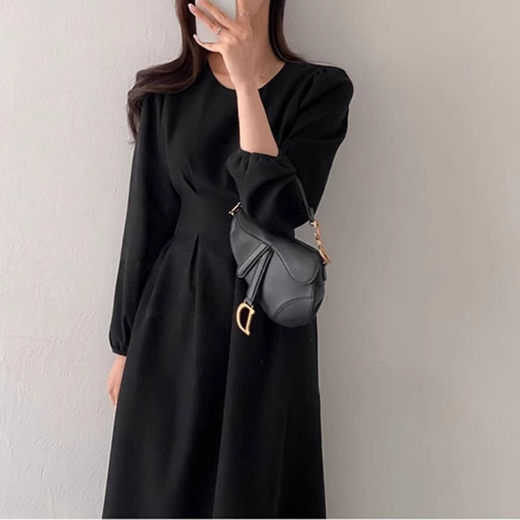 韓國早春優雅氣質圓領收腰顯瘦中長連身裙