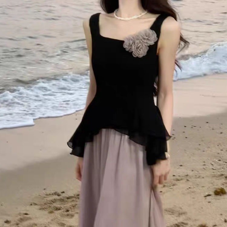 溫柔風套裝不規則無袖上衣+紫色飄逸半裙
