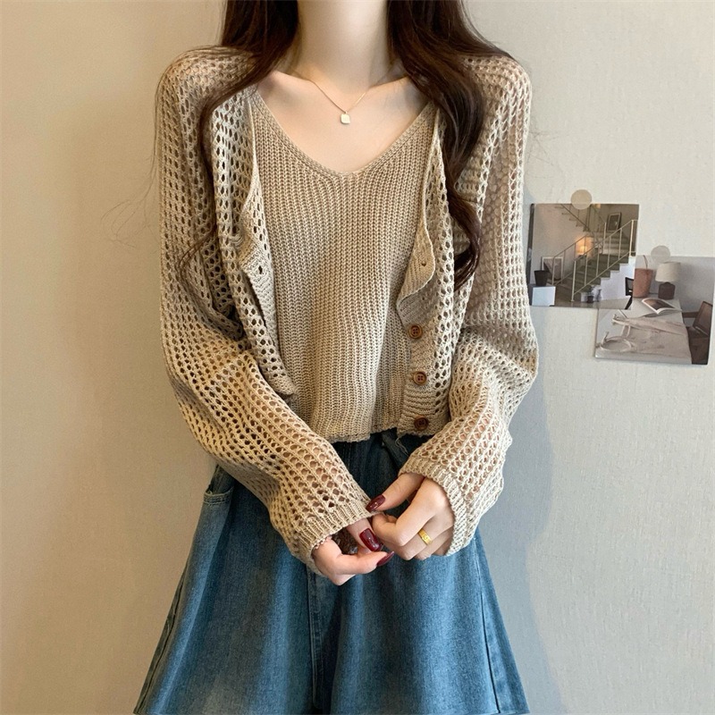 溫柔風鏤空針織開襟衫夏季薄款慵懶外搭罩衫