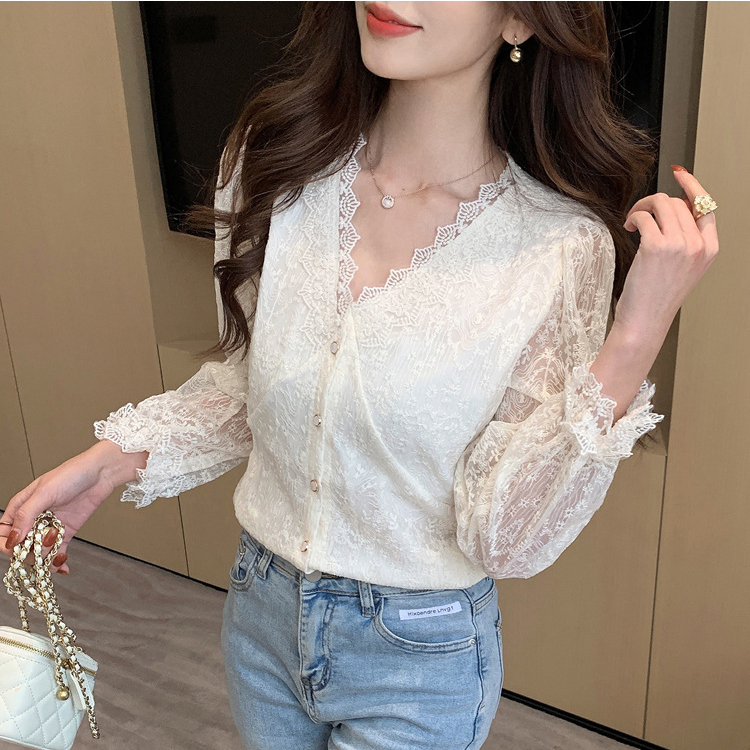 韓系通勤氣質風時尚長袖V領蕾絲襯衫