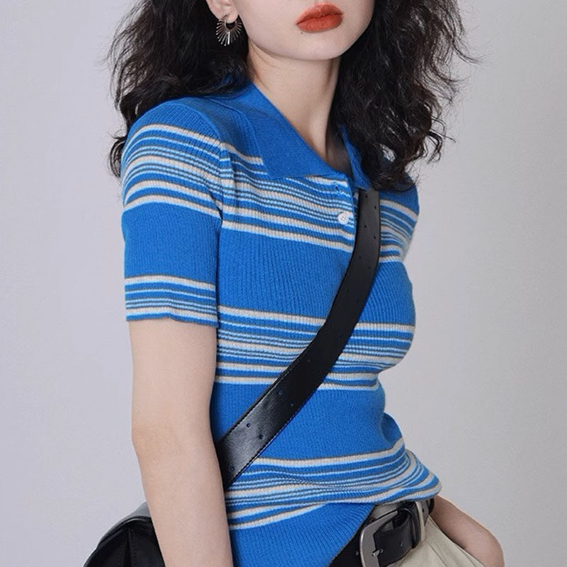 復古撞色條紋POLO領修身顯瘦短袖針織衫