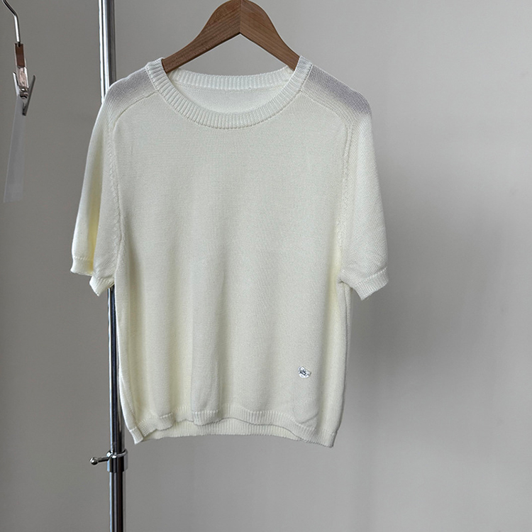 韓系簡約圓領純色條紋短袖針織衫