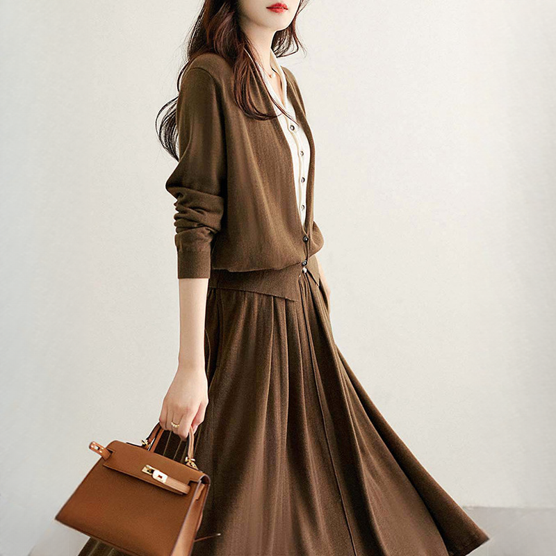 溫柔感混紡假兩件毛衣開衫/半裙套裝