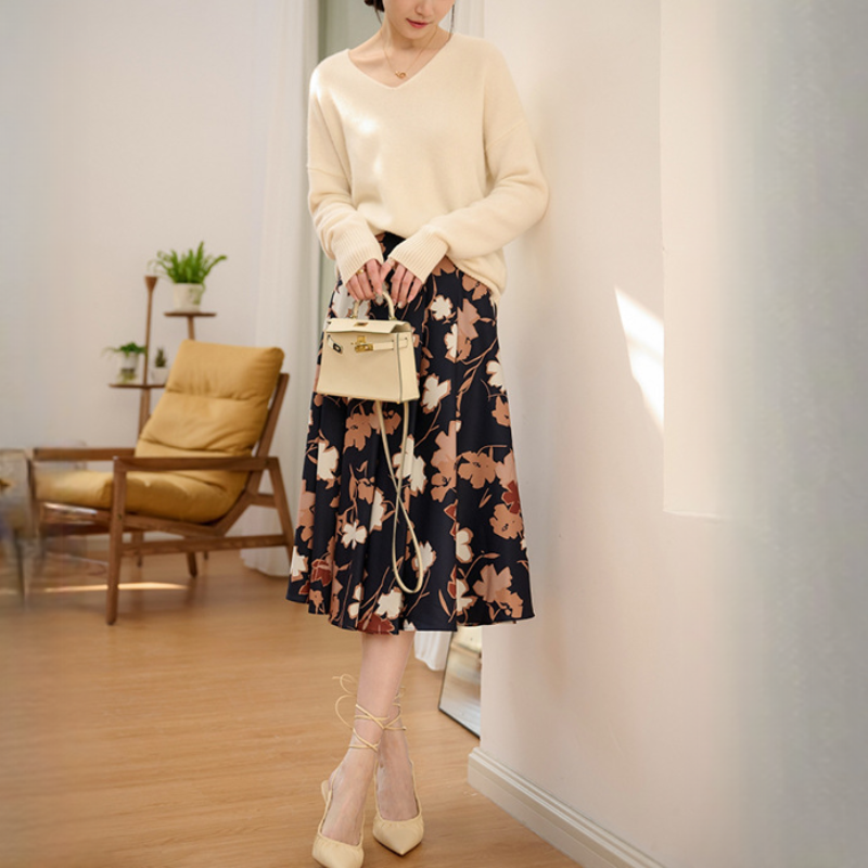 復古印花氣質通勤A字半身裙