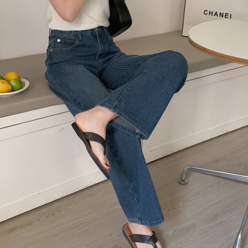 高腰顯瘦直筒牛仔褲肌理感垂感闊腿褲