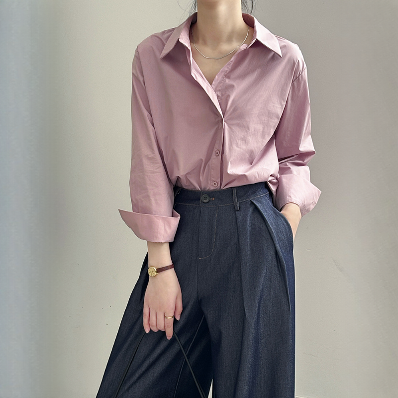 韓版簡約翻領單排扣新款不規則下擺襯衫