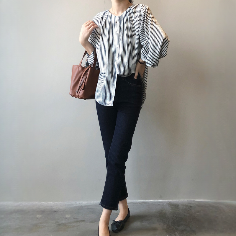 春夏新款氣質簡約圓領條紋七分袖襯衫