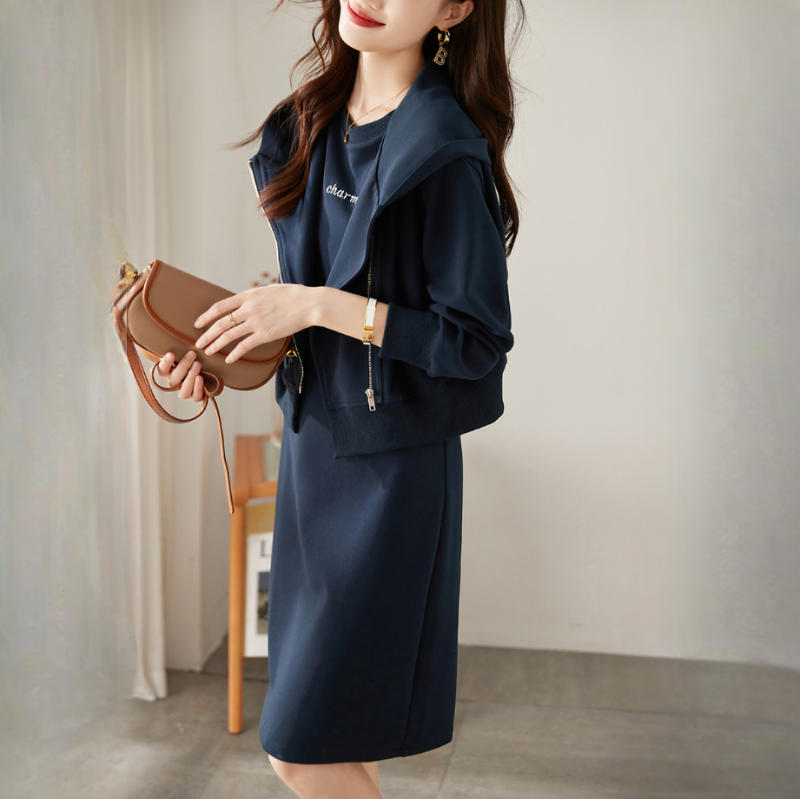 斜拉鏈連帽外套連衣裙兩件套簡約設計減齡套裝