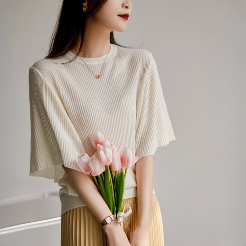 溫婉法式氣質荷葉邊袖舒適圓領上衣
