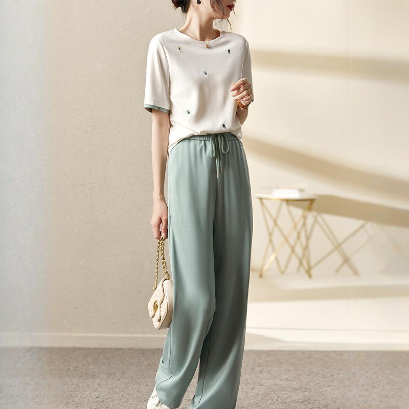 休閒運動套裝時尚洋氣減齡短袖闊腿褲兩件套