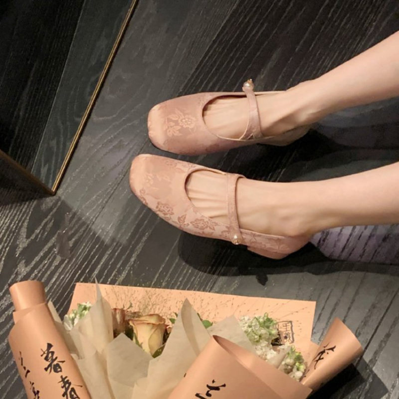 國風新中式珍珠一字帶方頭瑪麗珍I鞋