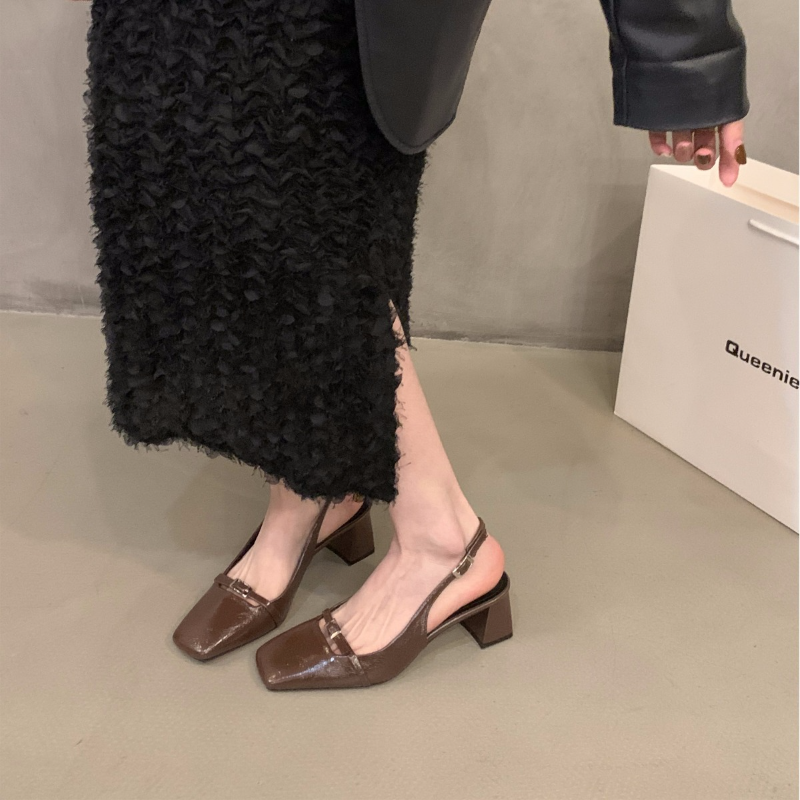 法式粗跟方頭後空包頭涼鞋