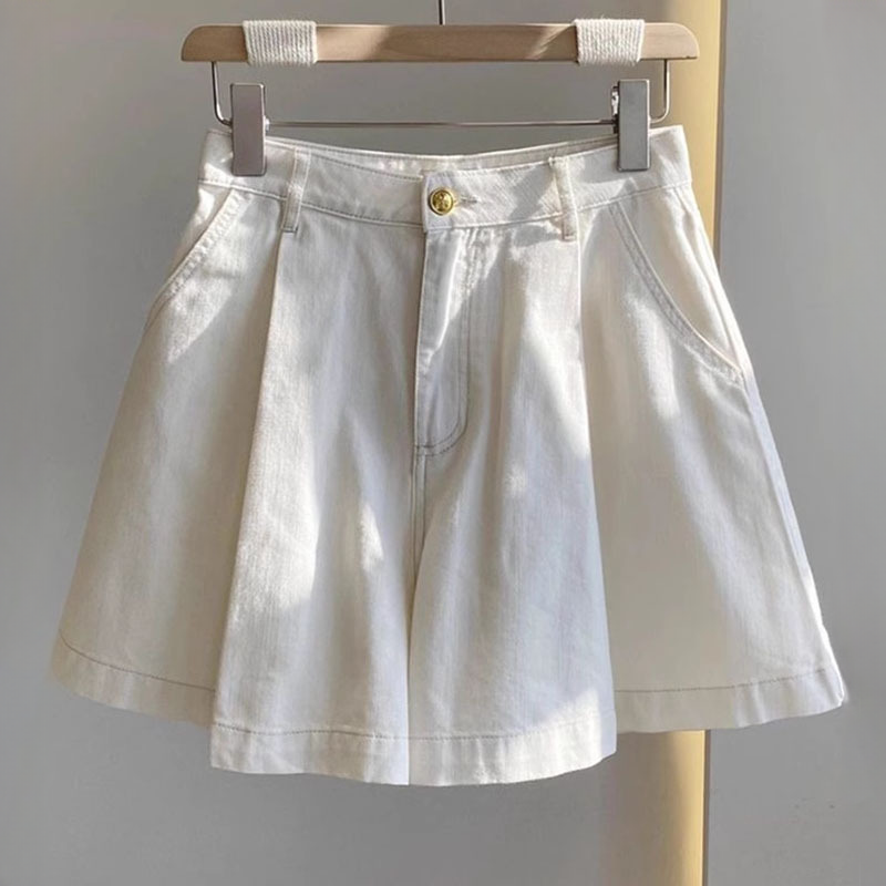 美式輕奢寬鬆高腰闊腿A字牛仔短褲