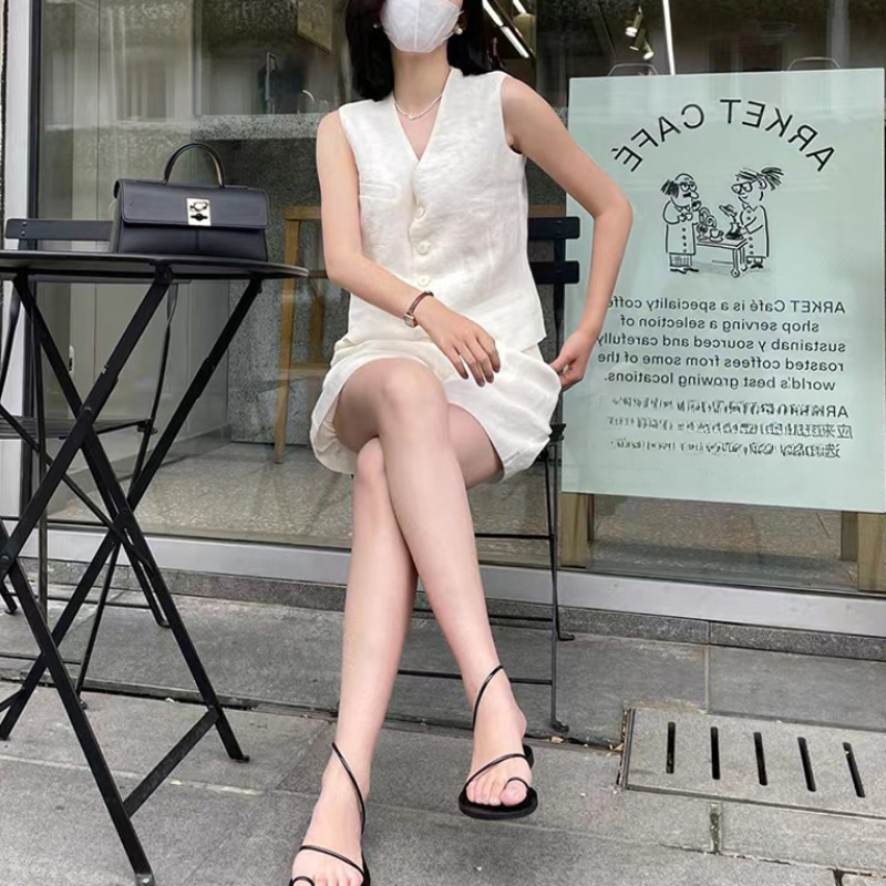 氣質時尚棉麻套裝高級感馬甲短褲兩件套