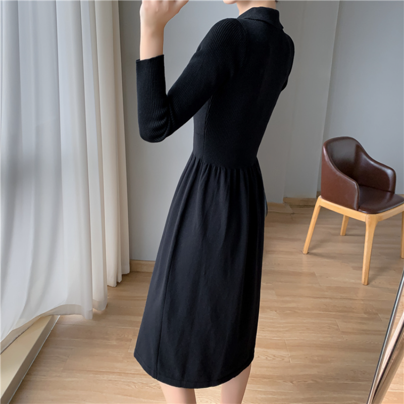 韓版氣質收腰顯瘦過膝針織毛衣裙