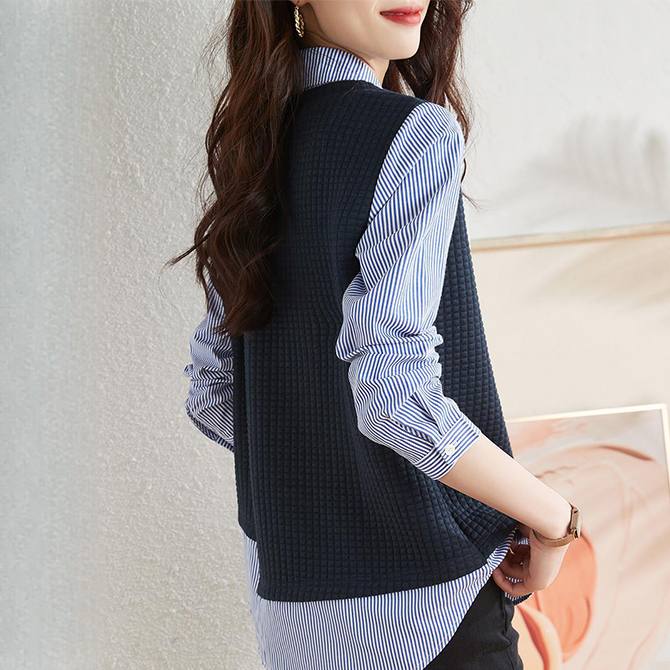 假兩件拼接不規則感通勤職業條紋襯衫