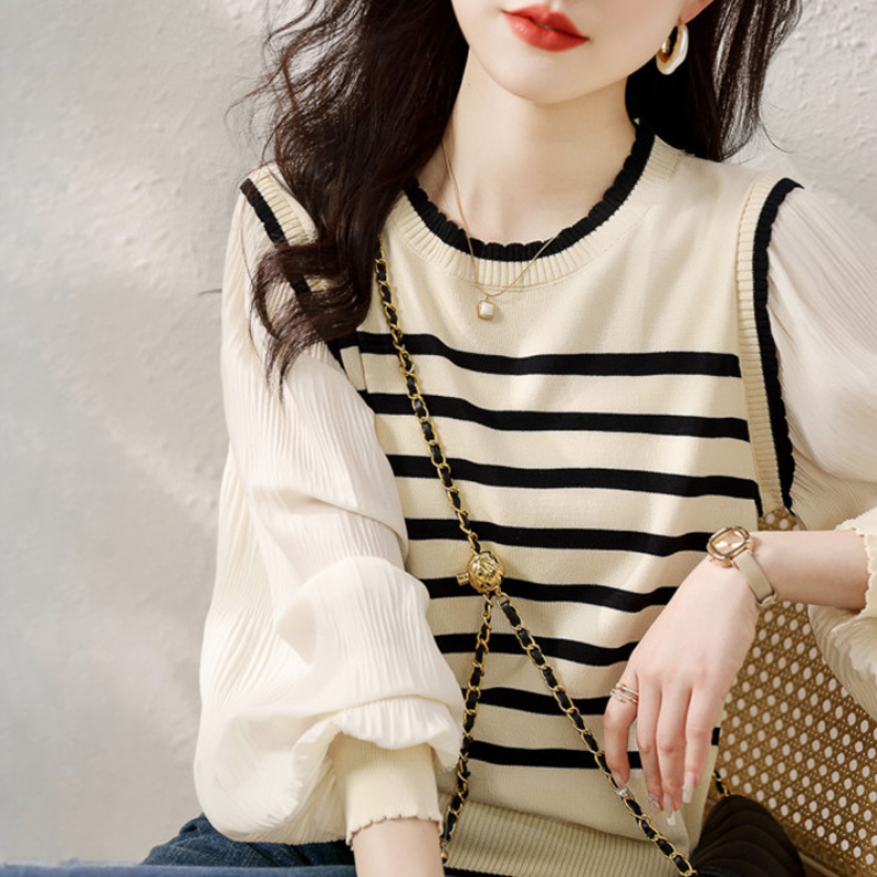 通勤百搭條紋燈籠袖針織衫