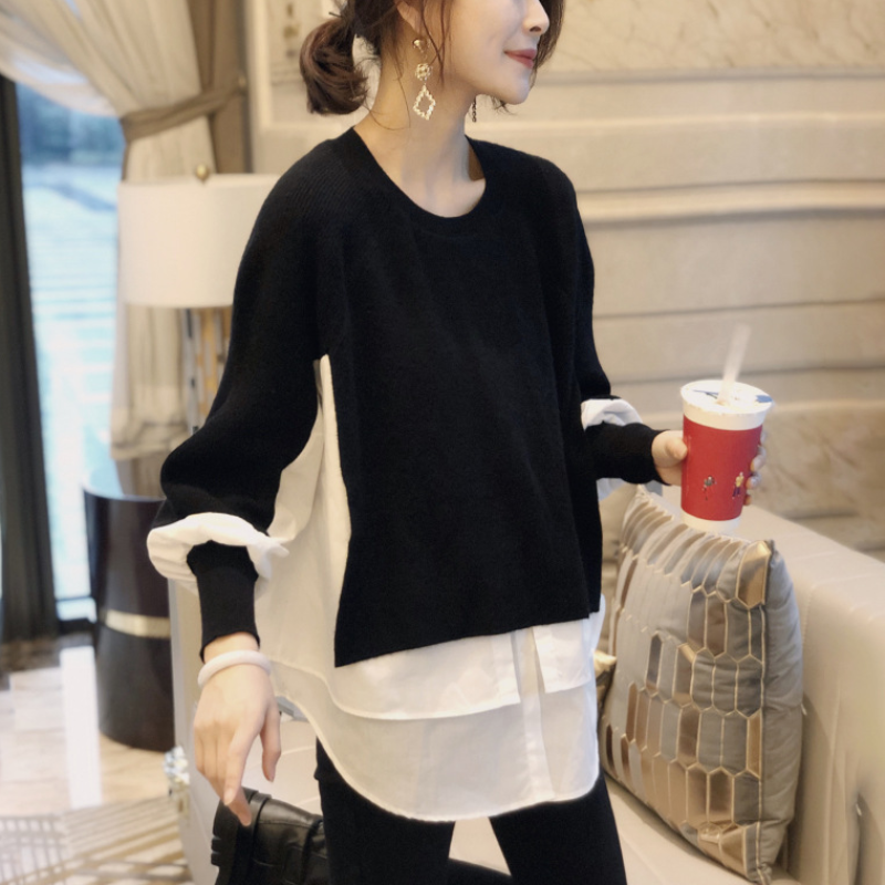 假兩件拼接圓領寬鬆針織襯衫