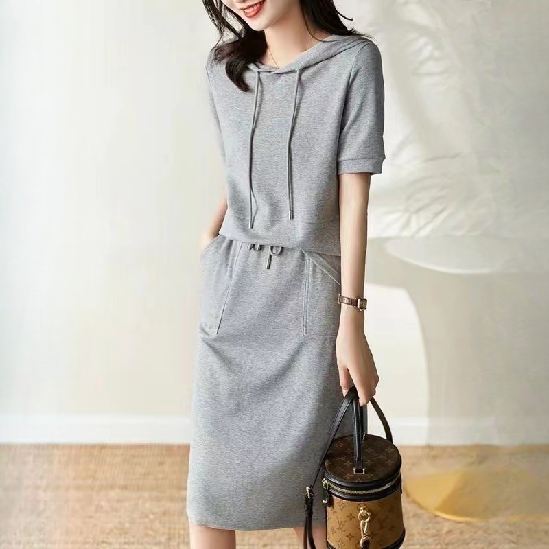 氣質減齡連帽短袖衛衣半身裙純色休閒套裝