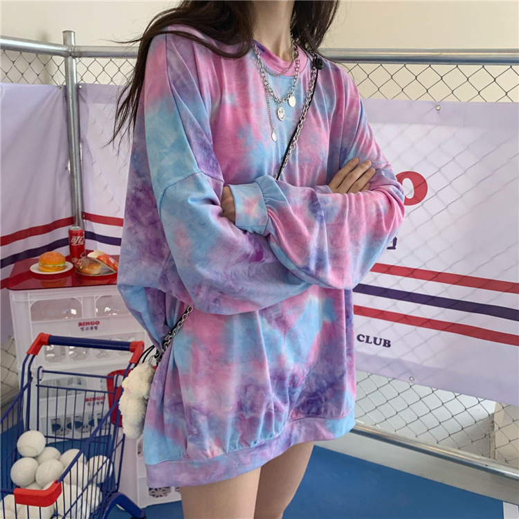 寬鬆時尚百搭紮染圓領中長衛衣