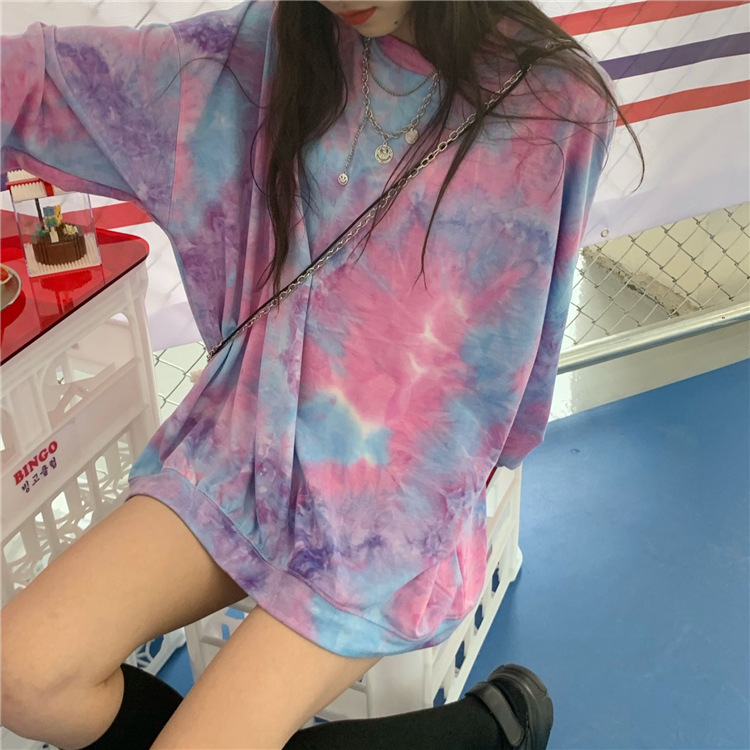 寬鬆時尚百搭紮染圓領中長衛衣
