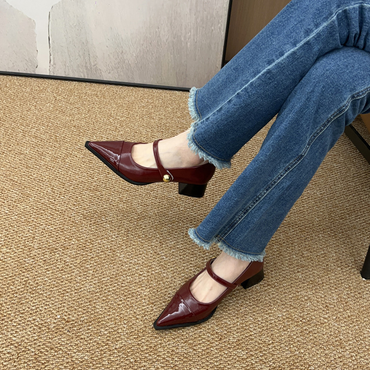 法式黑色粗跟瑪莉珍鞋尖頭淺口通勤單鞋