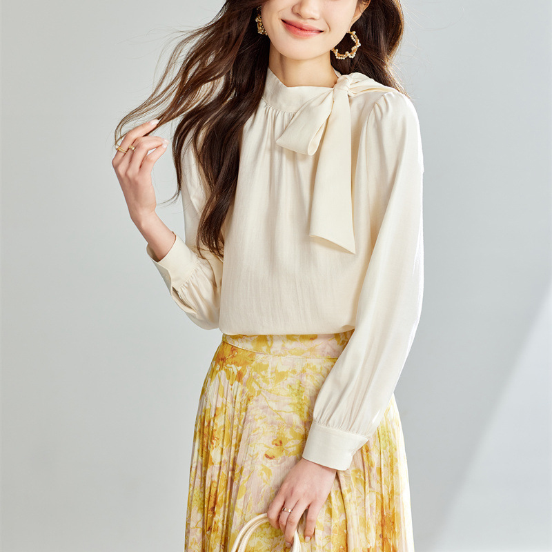 春季新款法式設計感蝴蝶結長袖雪紡襯衫