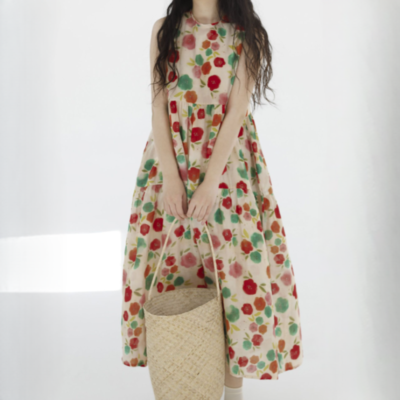 天絲苧麻復古溫柔風無袖背心碎花連衣裙