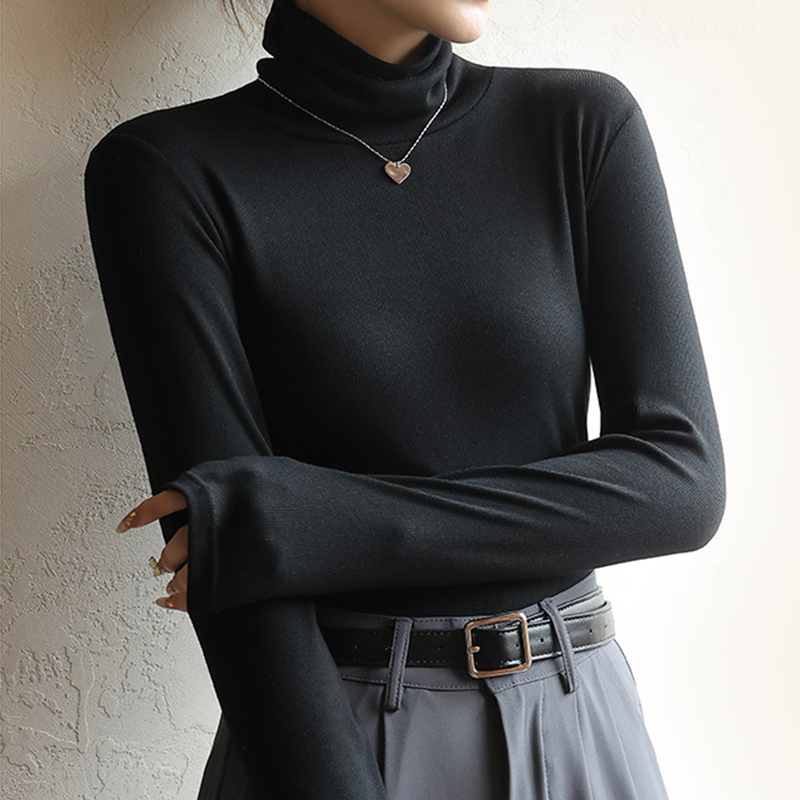 女士春秋冬顯瘦黑色堆堆領上衣内搭