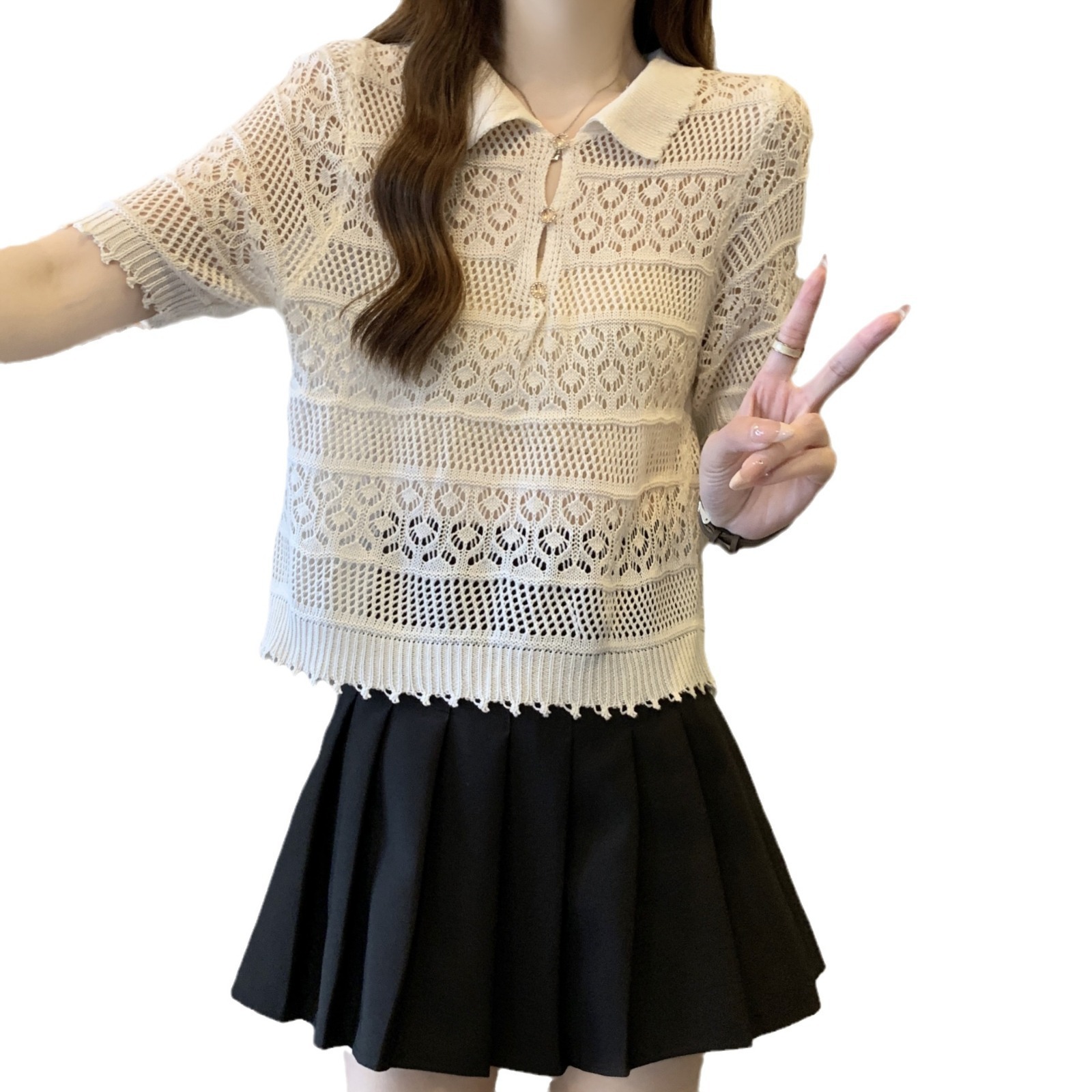 甜美寬鬆POLO領鏤空鉤花針織T卹罩衫