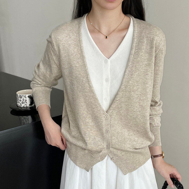 春秋簡約氣質V領假兩件針織開襟衫