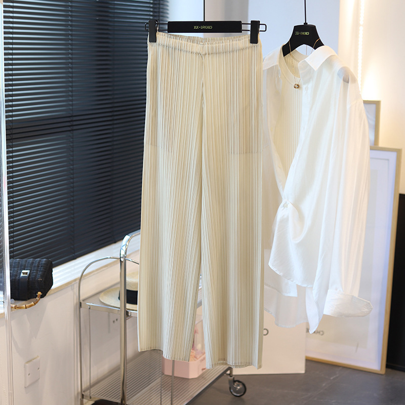 高腰垂感褶皺薄款九分寬褲