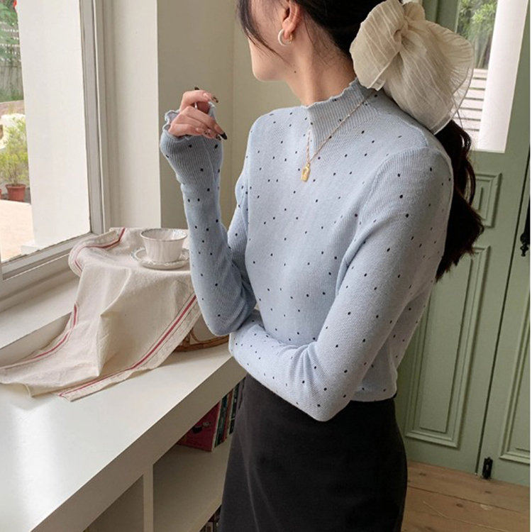韓系氛圍感木耳邊半高領波點打底針織衫