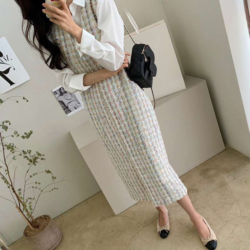 日韓係小香風粗花呢無袖背心連衣裙