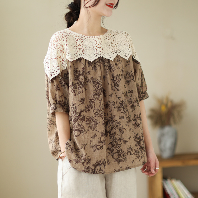 復古棕色碎花拼接蕾絲上衣文藝減齡氣質短袖