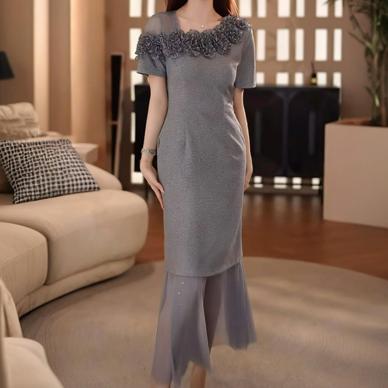 韓系時尚減齡立體花朵t卹裙+網紗裙兩件套