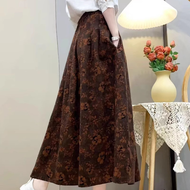 日系森女系復古小碎花高腰顯瘦磨毛A字裙