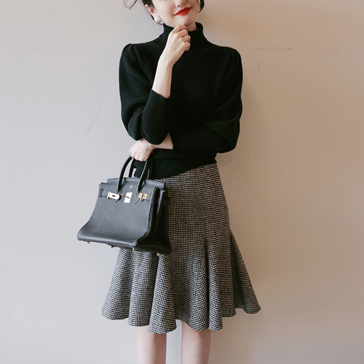 千鳥格半身裙高腰顯瘦知性優雅氣質傘裙