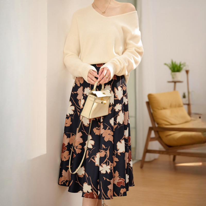 復古印花氣質通勤A字半身裙