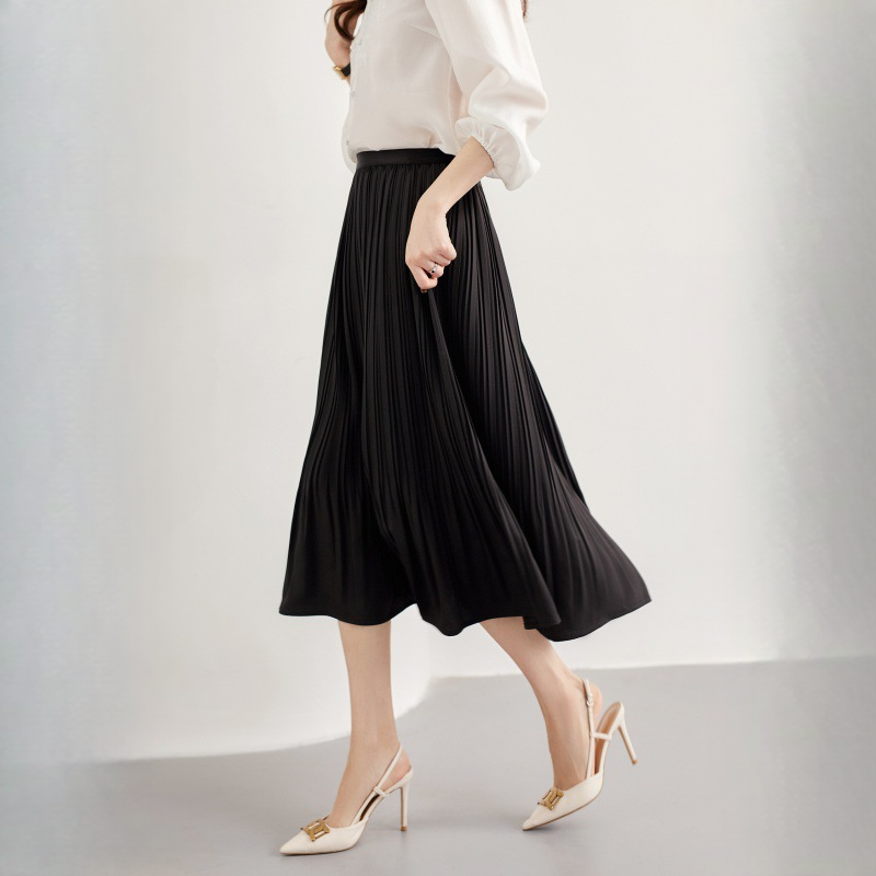 鬆緊收腰顯瘦高腰百褶裙A字裙