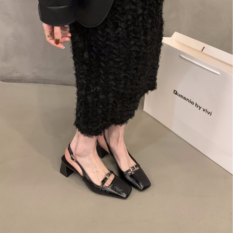 法式粗跟方頭後空包頭涼鞋