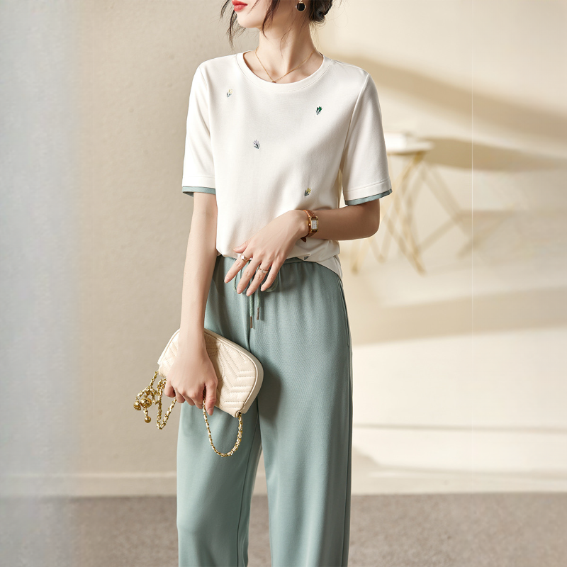 休閒運動套裝時尚洋氣減齡短袖闊腿褲兩件套