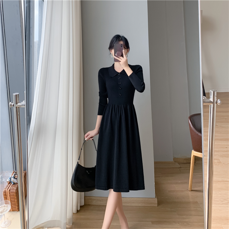 韓版氣質收腰顯瘦過膝針織毛衣裙