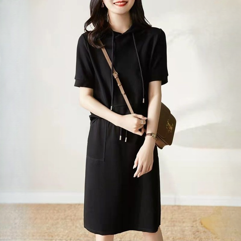 氣質減齡連帽短袖衛衣半身裙純色休閒套裝