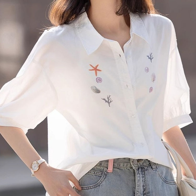 簡約風鬆弛感印花別緻翻領五分袖襯衫