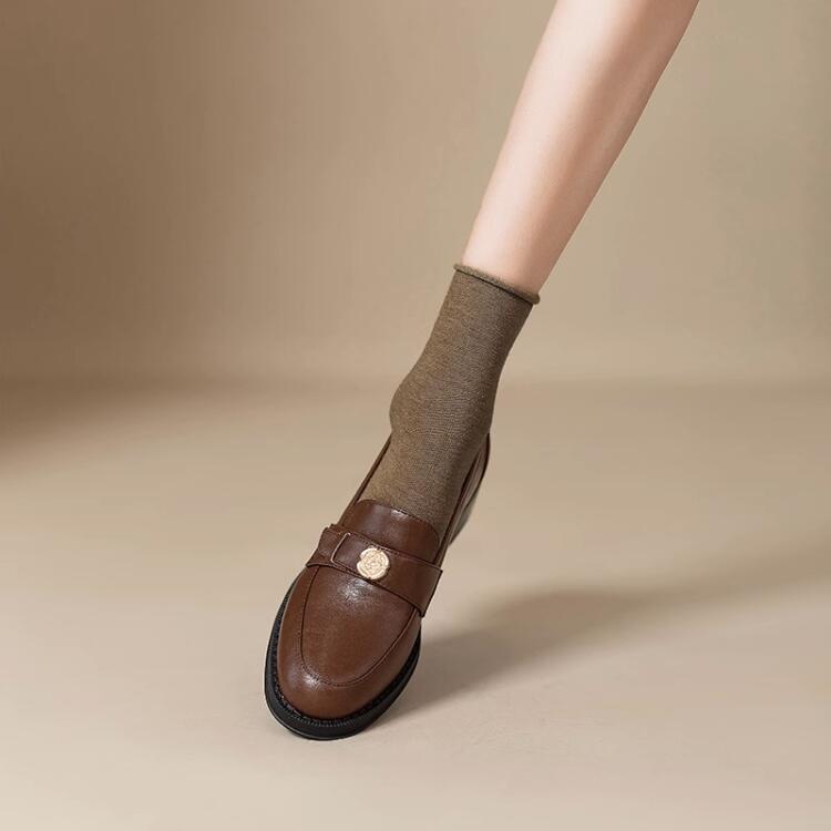 法式復古英倫山茶花軟皮小皮鞋