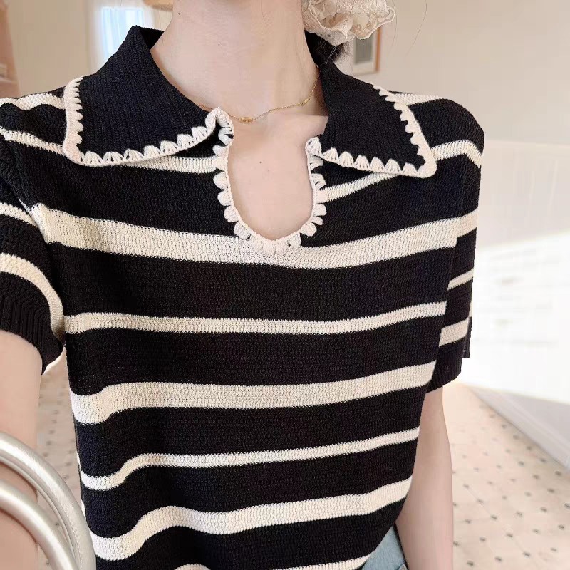 夏季新款翻領短袖條紋百搭肌理感時尚T豂