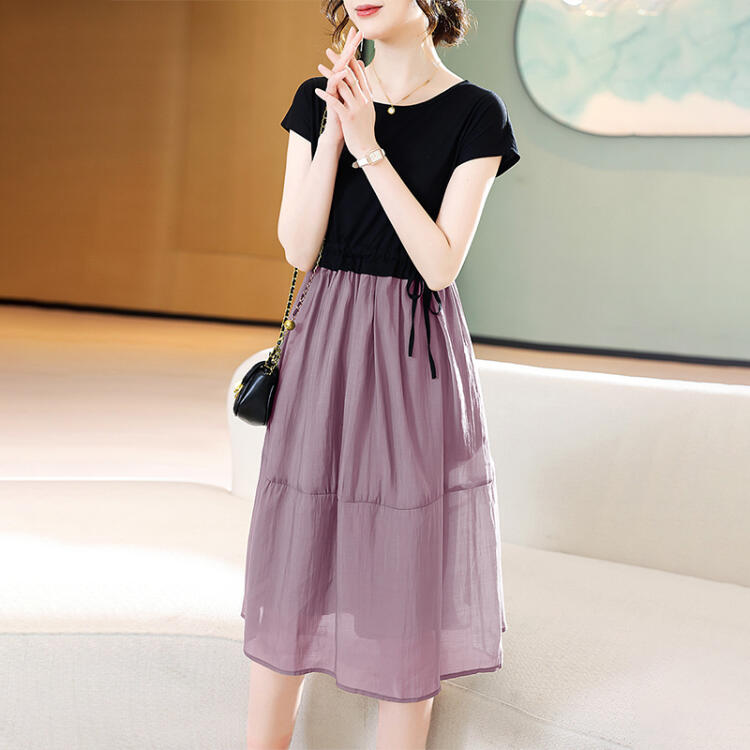 夏季拼接撞色假兩件連衣裙