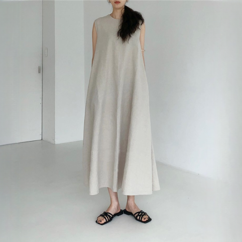 寬鬆棉麻無袖長款過膝連衣裙